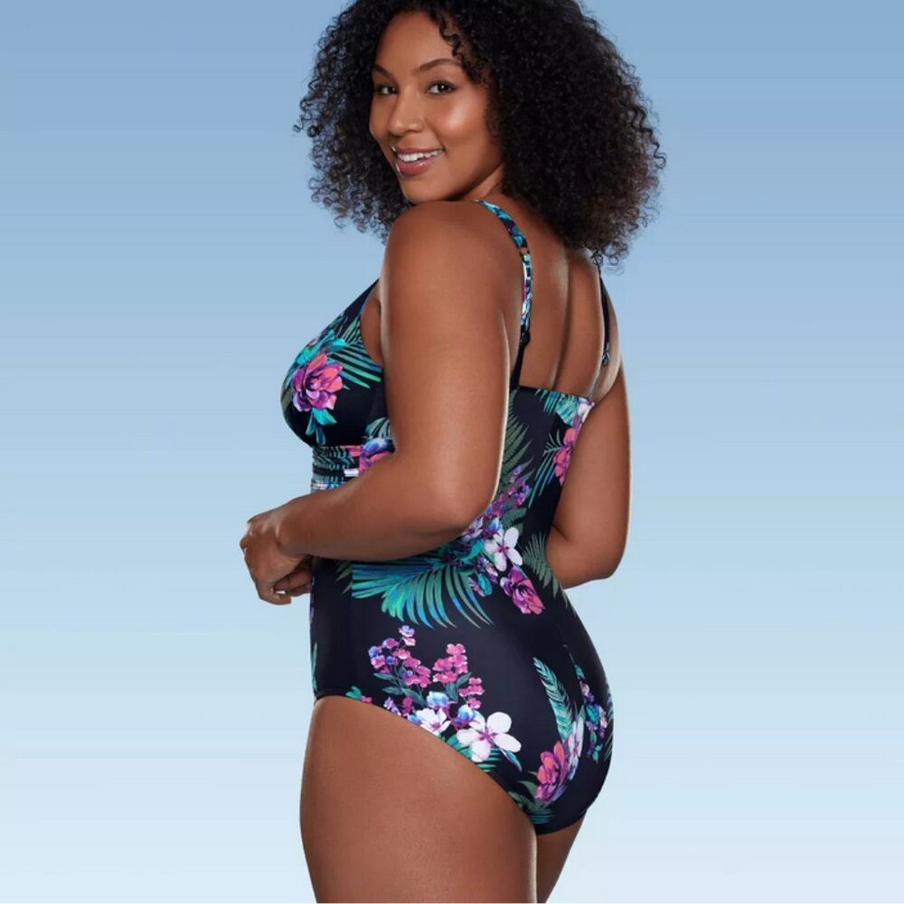 Waist Detail Over the Shoulder One Piece Swimsuit - Aqua Green® Black Floral L
